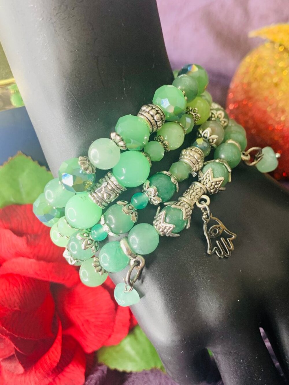 Evil Eye Charm, Green Aventurine, Electroplated Glass & Pewter Bracelet Set